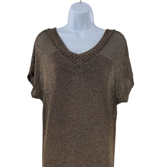 Tuckernuck Bronze Metallic Knit Mesh V Neck Short Sleeve Midi Dress Size M - Picture 4 of 9